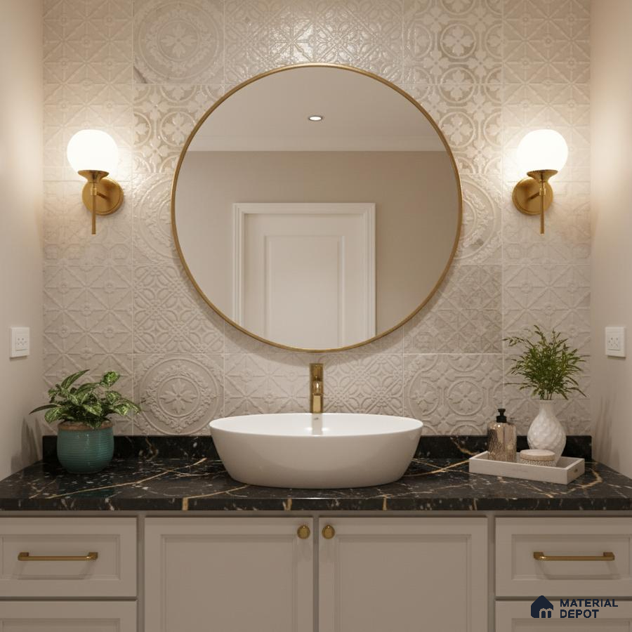 Modern bathroom with patterned beige wall tiles and black quartz countertop