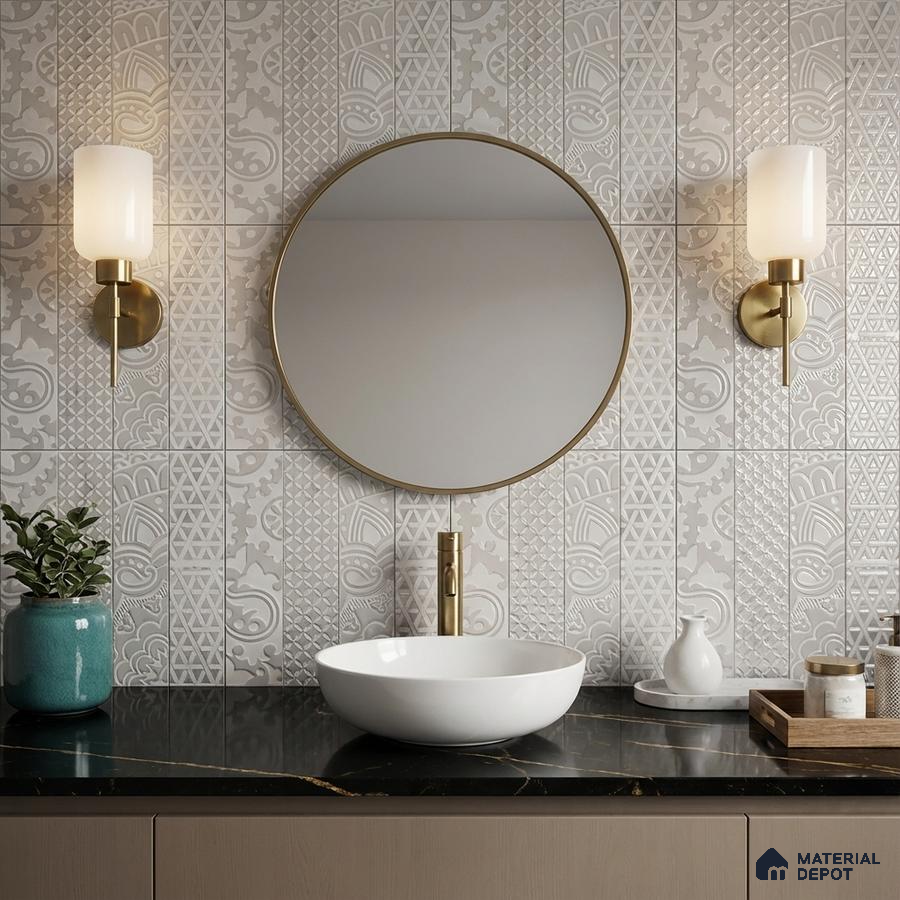 Modern bathroom with patterned white wall tiles and black quartz countertop