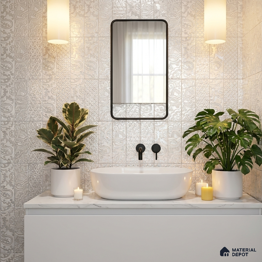 Modern bathroom with embossed patterned wall tiles and white quartz countertop