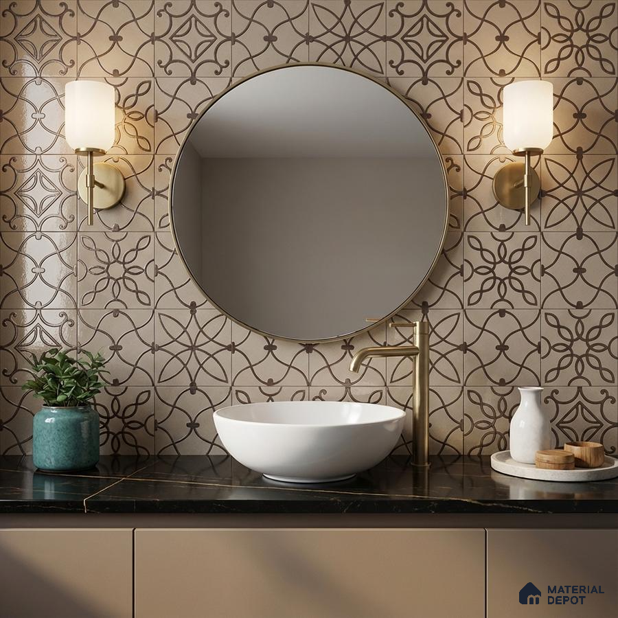 Modern bathroom with patterned beige wall tiles and black quartz countertop