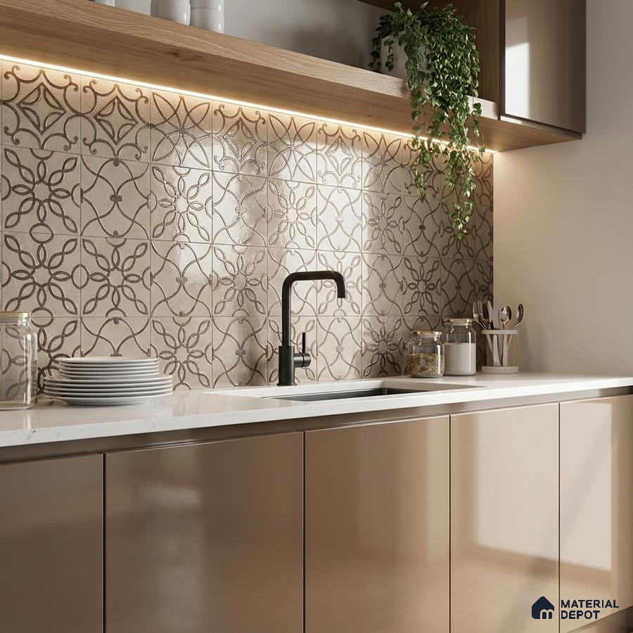Modern kitchen with beige glossy laminate cabinets, white quartz countertop, and patterned beige backsplash tiles