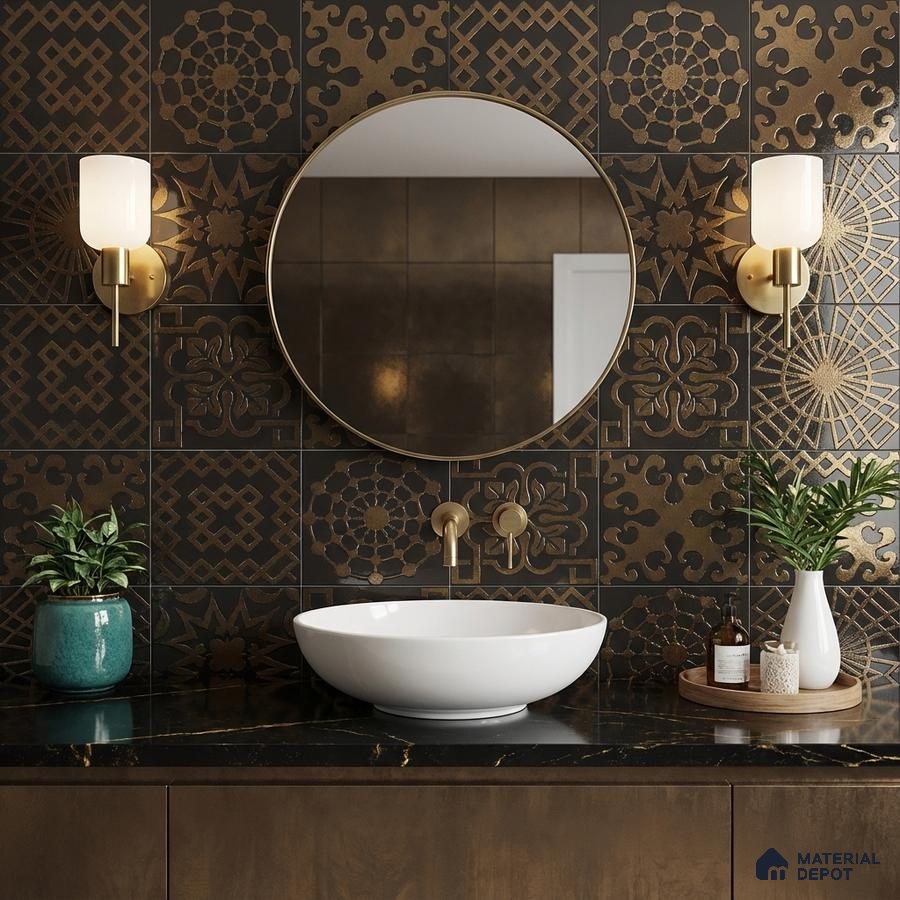 Art Deco bathroom with metallic gold patterned wall tiles and black quartz countertop