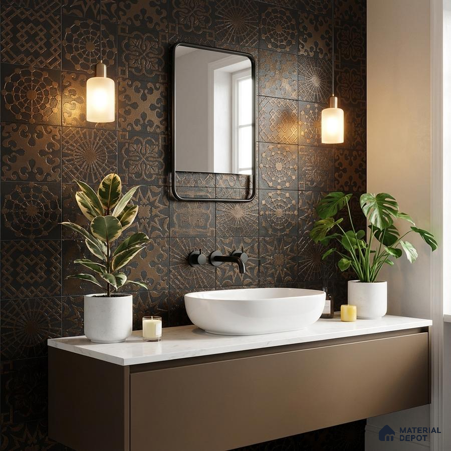 Modern bathroom with bronze patterned wall tiles and white quartz countertop vanity