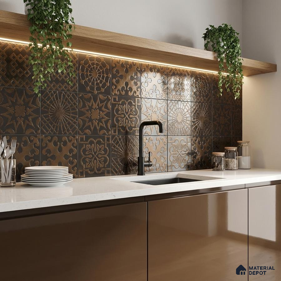 Modern kitchen with brown patterned backsplash tiles, glossy brown laminate cabinets, and white quartz countertop