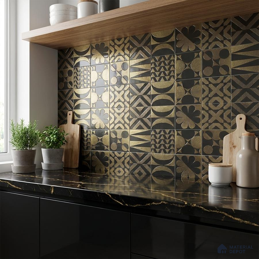 Modern kitchen with gold and black geometric backsplash tiles and black marble-look countertop