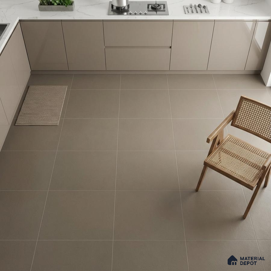 Minimalist kitchen with taupe matte laminate cabinets, white marble-look quartz countertop, and large format taupe floor tiles