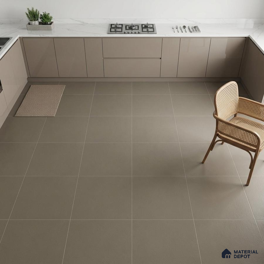 Modern kitchen with taupe high gloss laminate cabinets, white marble-look quartz countertop, and matte taupe floor tiles