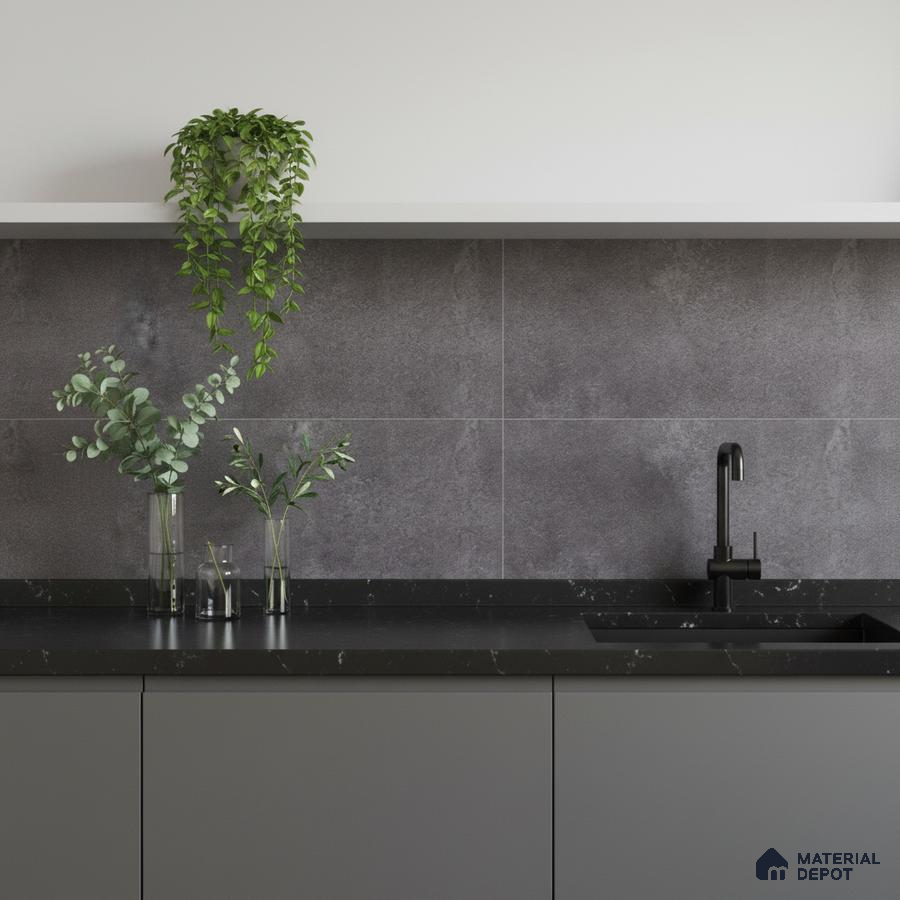 Minimalist kitchen with matte grey laminate cabinets, black marble countertop, and grey stone wall tiles