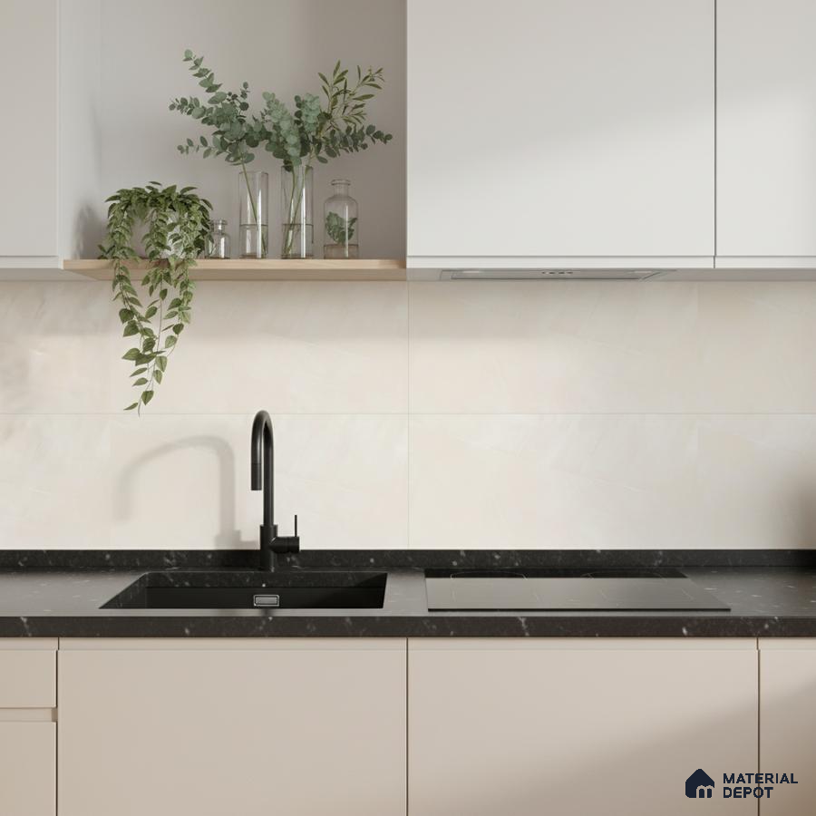 Minimalist kitchen with frosty white laminate cabinets, black marble countertop, and ivory marble-look backsplash tile