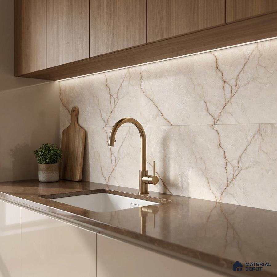 Modern kitchen with beige marble-look backsplash tile, brown quartz countertop, and light oak laminate cabinets
