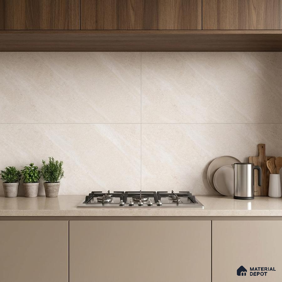 Modern kitchen with beige quartz countertop, taupe laminate cabinets, and walnut wood laminate overheads