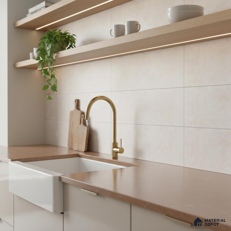 Scandinavian kitchen with light wood open shelves, beige backsplash tile, and brown stone countertop