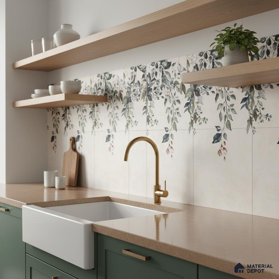 Modern kitchen with sage green laminate cabinets, floral patterned backsplash tiles, and beige quartz countertop