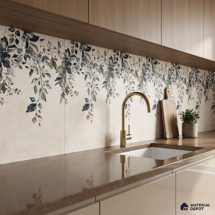 Modern kitchen with floral patterned backsplash tile, beige quartz countertop, and light wood laminate cabinets