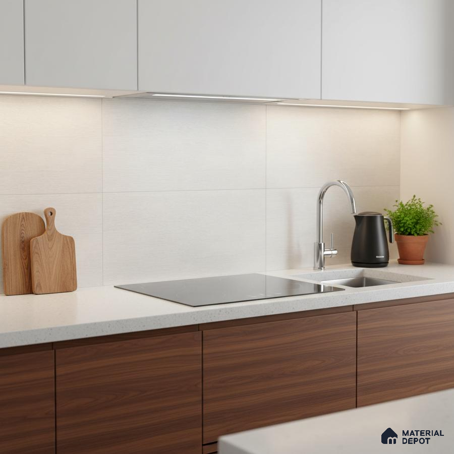 Modern kitchen with walnut brown wood laminate, frosty white laminate, and white quartz countertop