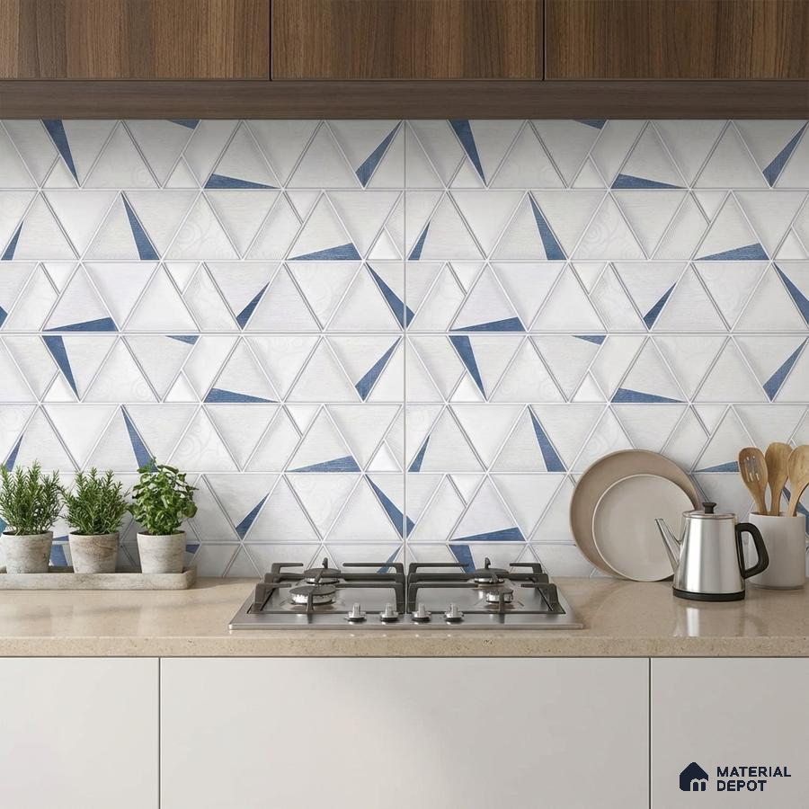 Modern kitchen with geometric blue and white backsplash tiles and beige quartz countertop