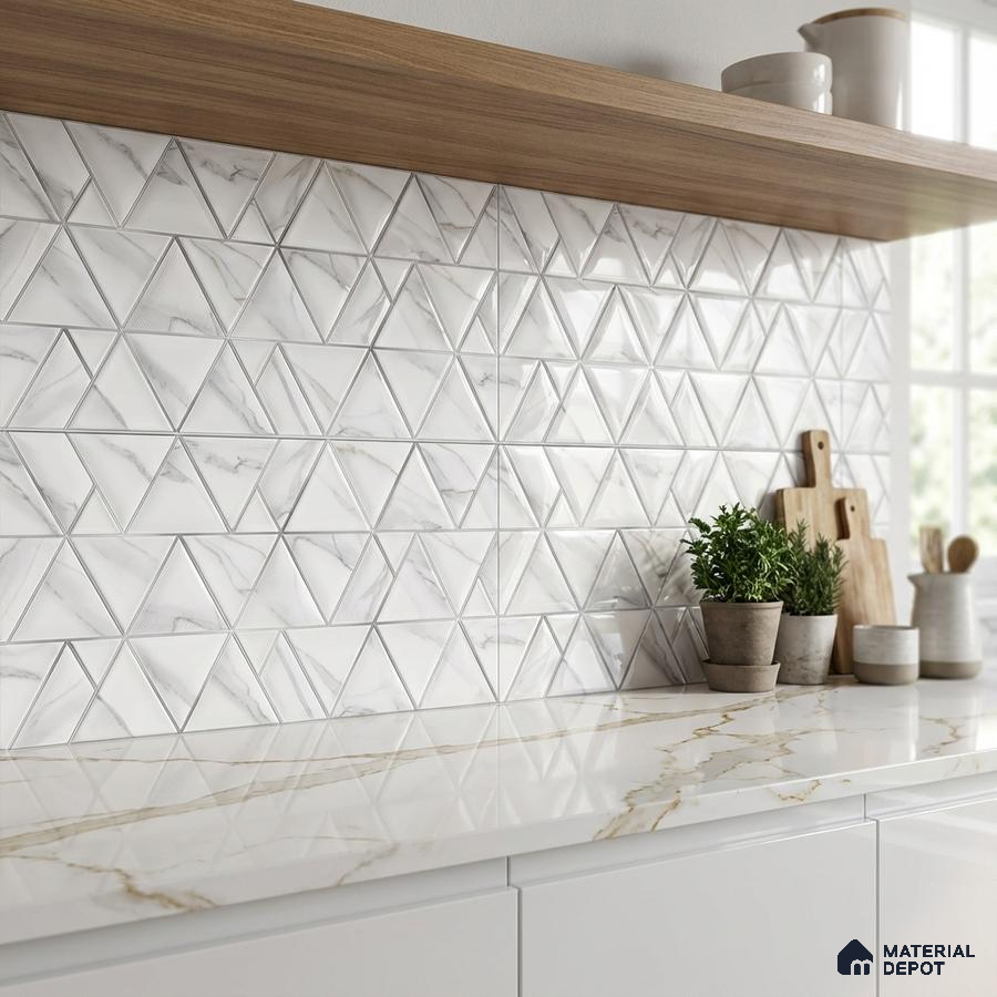 Modern kitchen with geometric marble-look backsplash tile and white marble countertop