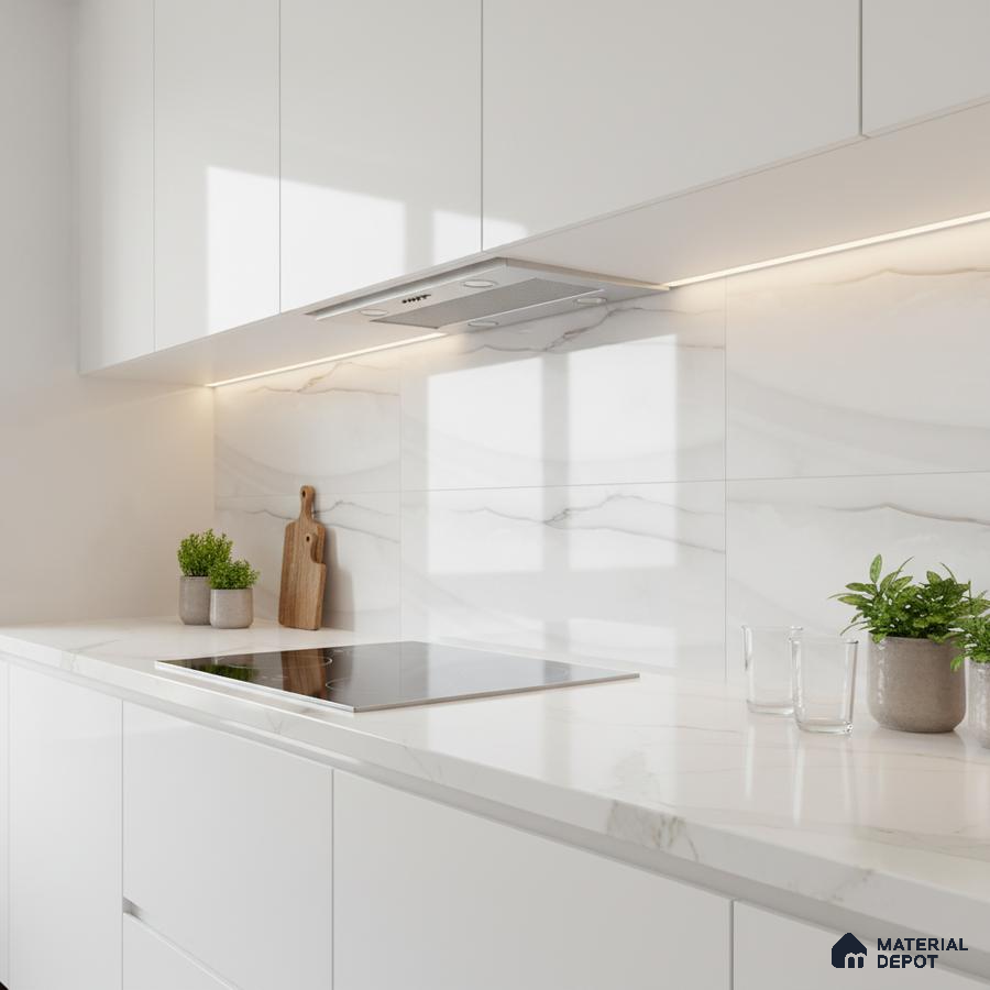 Minimalist kitchen with white marble-look backsplash tile and frosty white laminate cabinets