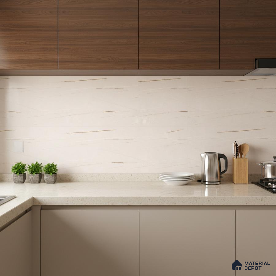 Modern kitchen with walnut wood laminate, beige solid color laminate, and marble-look backsplash tile