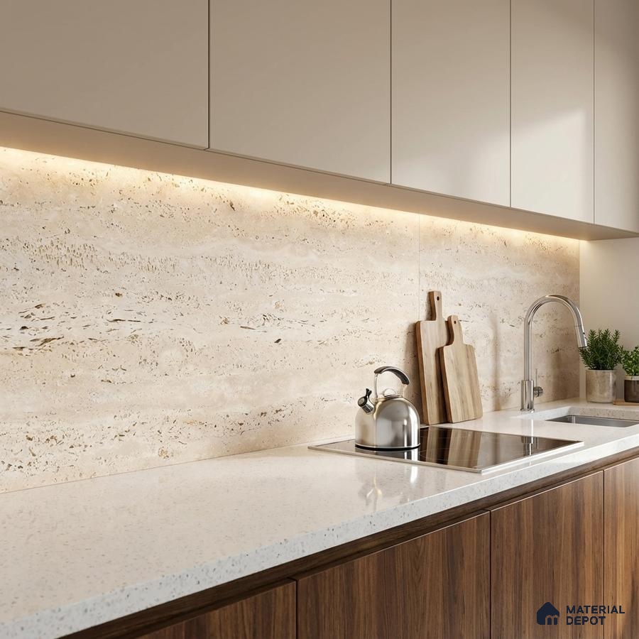 Modern kitchen with travertine stone backsplash, white quartz countertop, and walnut wood laminate cabinets