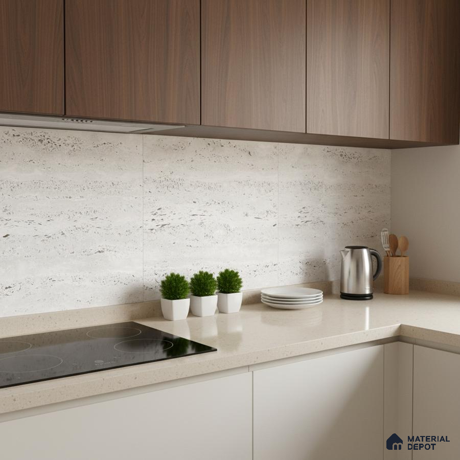 Modern kitchen with walnut wood laminate cabinets, beige quartz countertop, and travertine look wall tiles