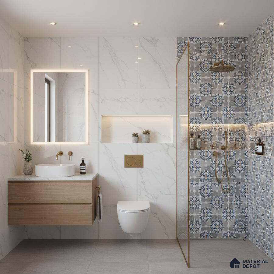 Modern bathroom with white marble wall tiles, blue patterned moroccan shower tiles, and floating wood vanity