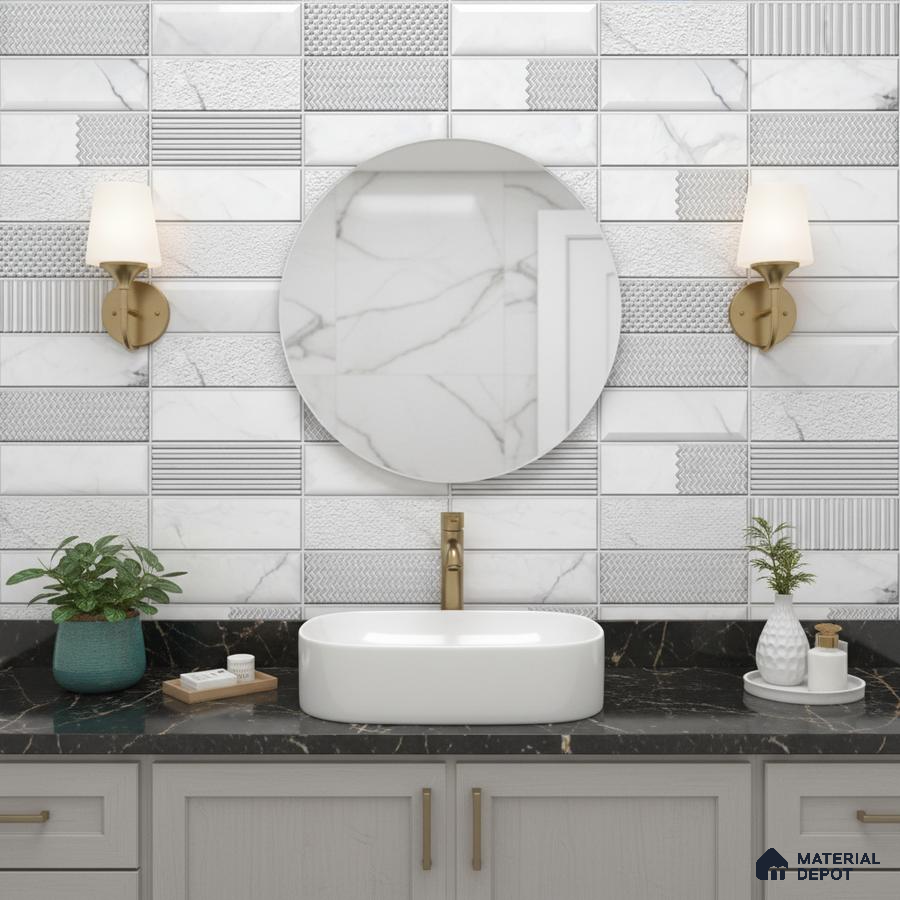Modern kitchen with wood grain laminate cabinets, black marble countertop, and textured marble-look backsplash tiles