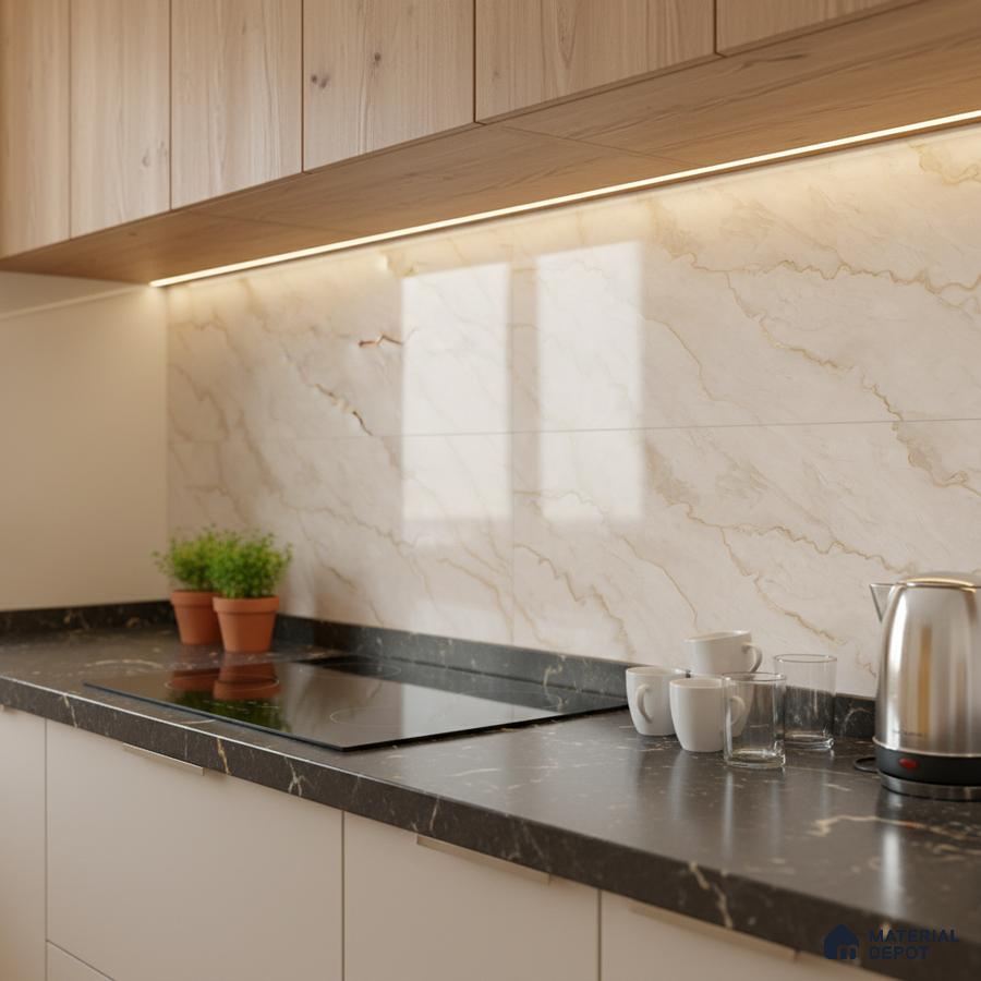 Modern kitchen with light oak laminate cabinets, marble-look backsplash tile, and black marble countertop