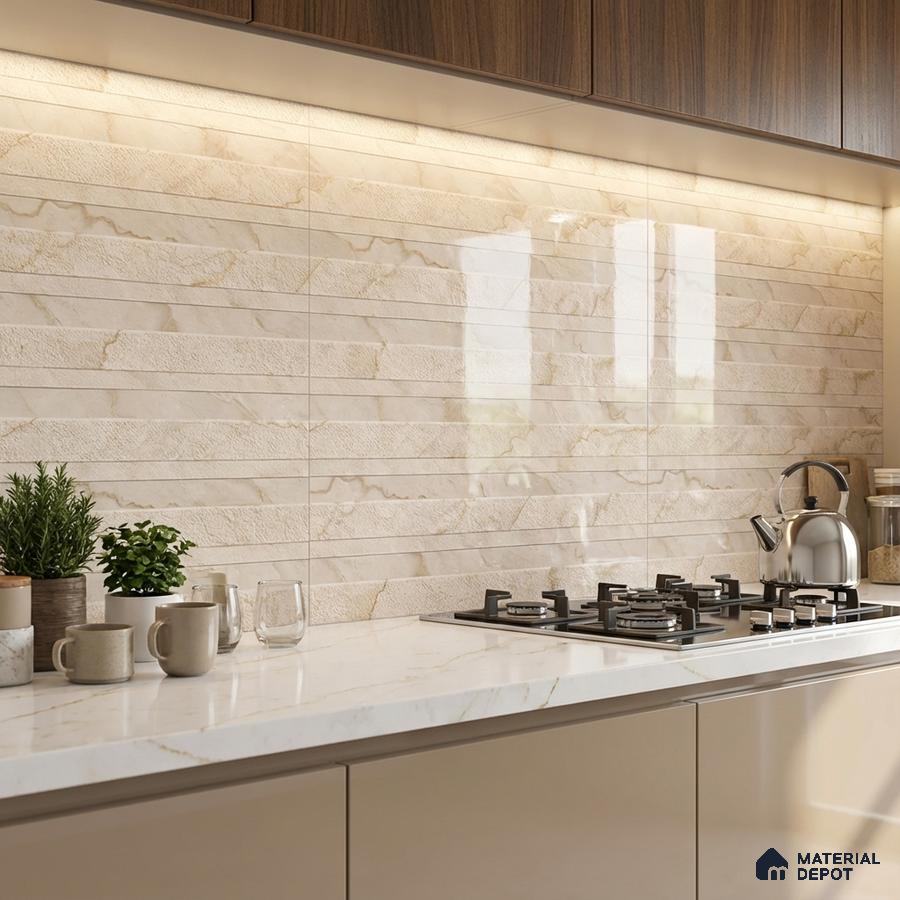Modern kitchen with beige marble-look backsplash tile, white marble countertop, and taupe laminate cabinets