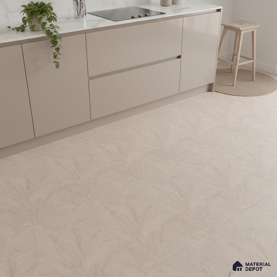 Minimalist kitchen with beige solid color laminate cabinets and subtle floral patterned beige floor tiles