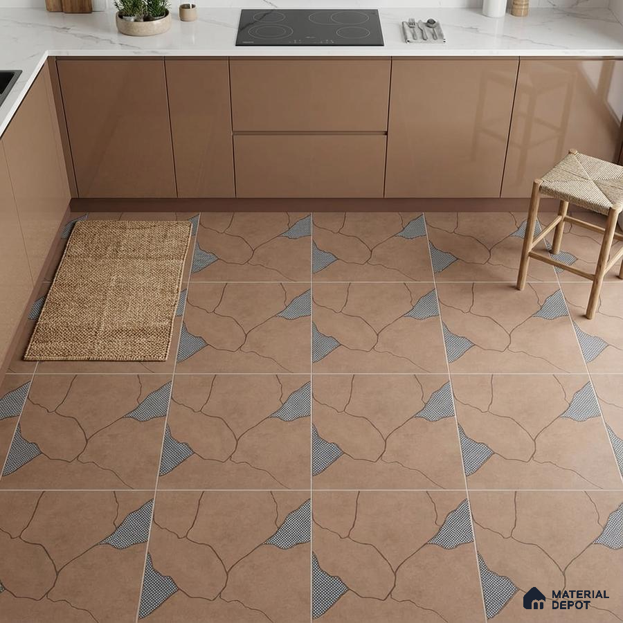 Modern kitchen with glossy taupe laminate cabinets, white marble-look countertop, and patterned terracotta floor tiles