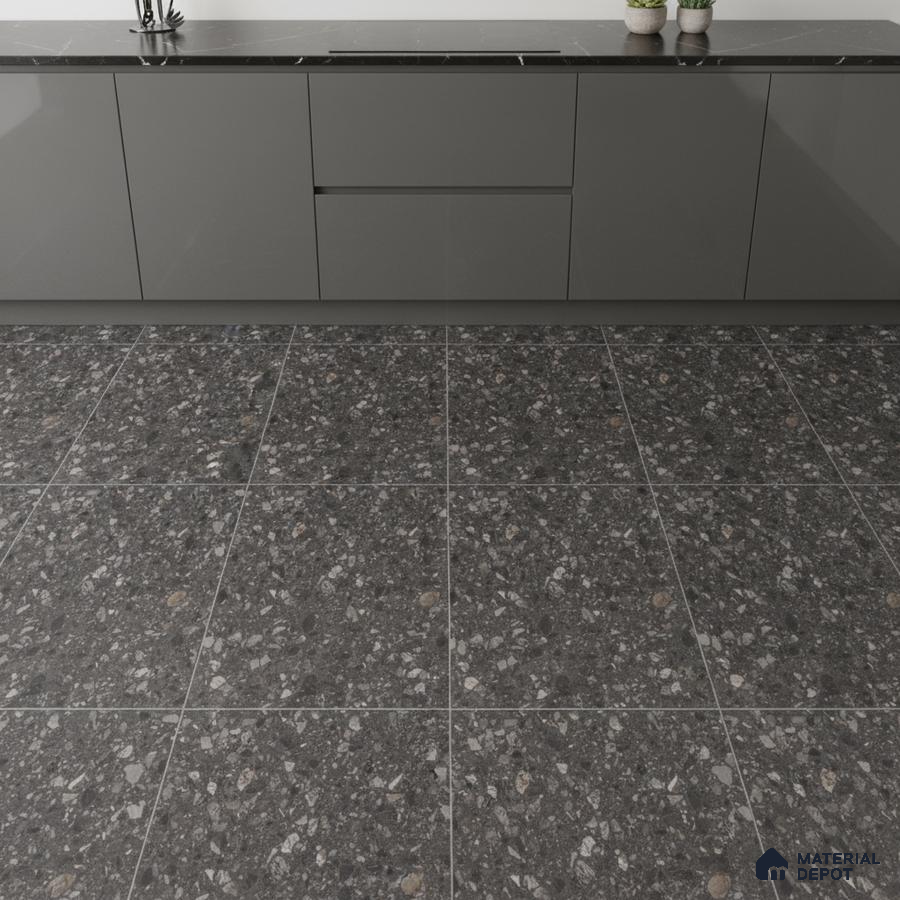 Modern kitchen with grey high gloss laminate cabinets and dark terrazzo floor tiles
