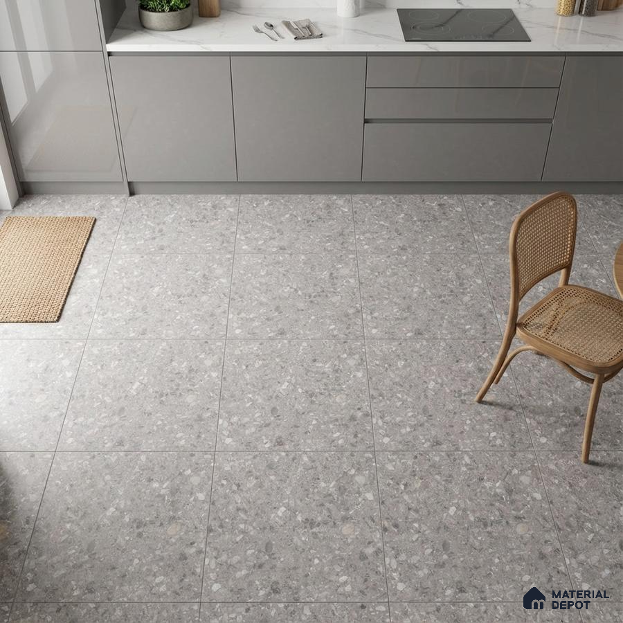 Modern kitchen with grey high gloss laminate cabinets and grey terrazzo floor tiles