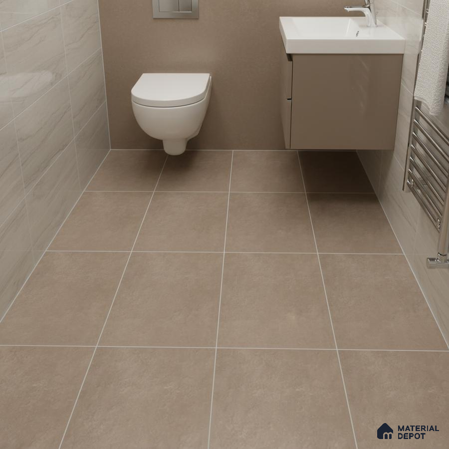 Modern bathroom with beige matte floor tiles and light marble-look wall tiles