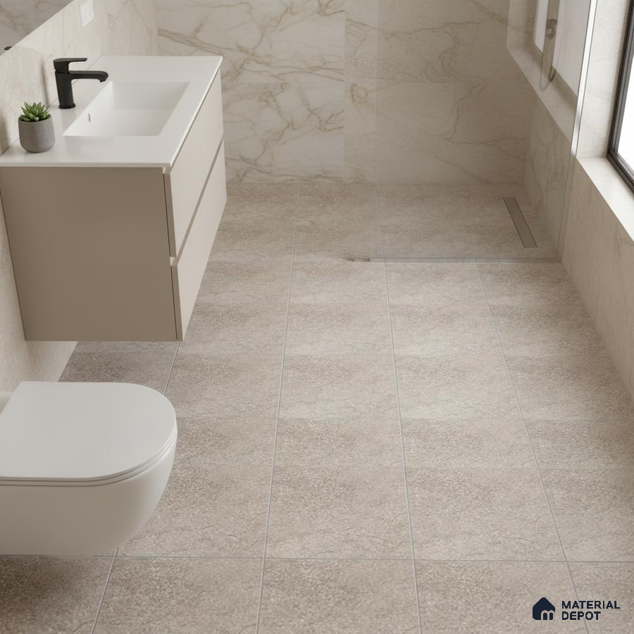 Minimalist bathroom with beige stone floor tiles and marble-look wall tiles
