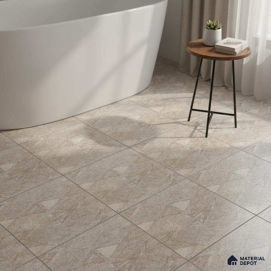 Minimalist bathroom with beige geometric patterned floor tiles and freestanding tub