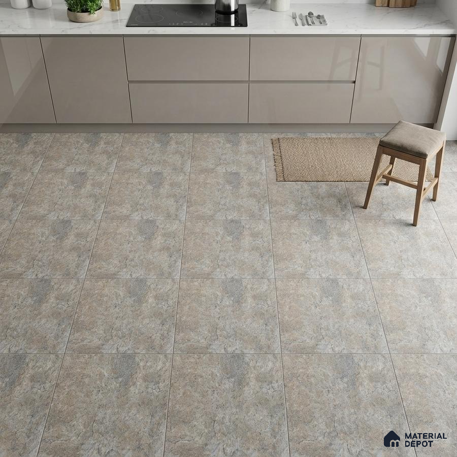 Modern kitchen with beige stone-look floor tiles and glossy taupe laminate cabinets