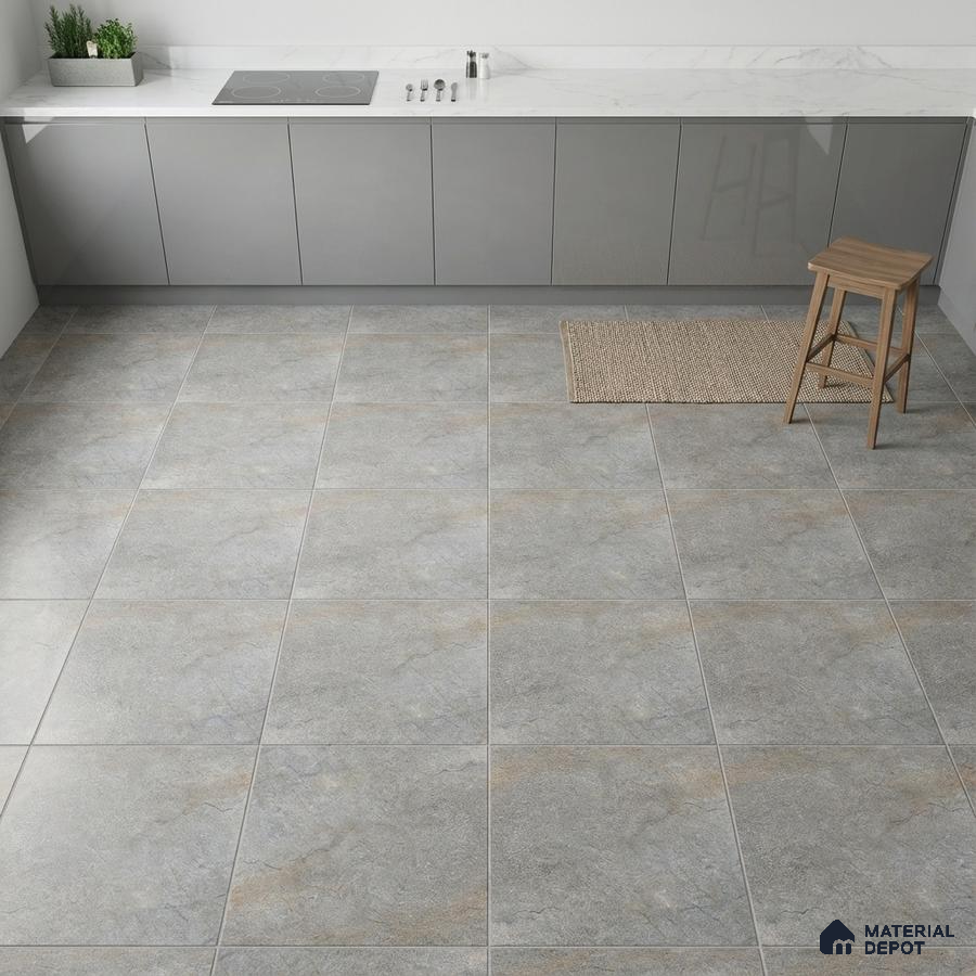 Modern kitchen with grey high gloss laminate cabinets, white marble countertop, and stone-look grey floor tiles