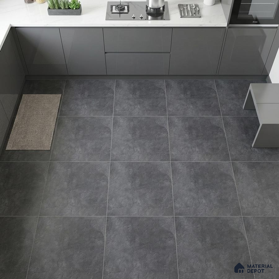 Modern kitchen with grey high gloss laminate cabinets and charcoal stone-look floor tiles