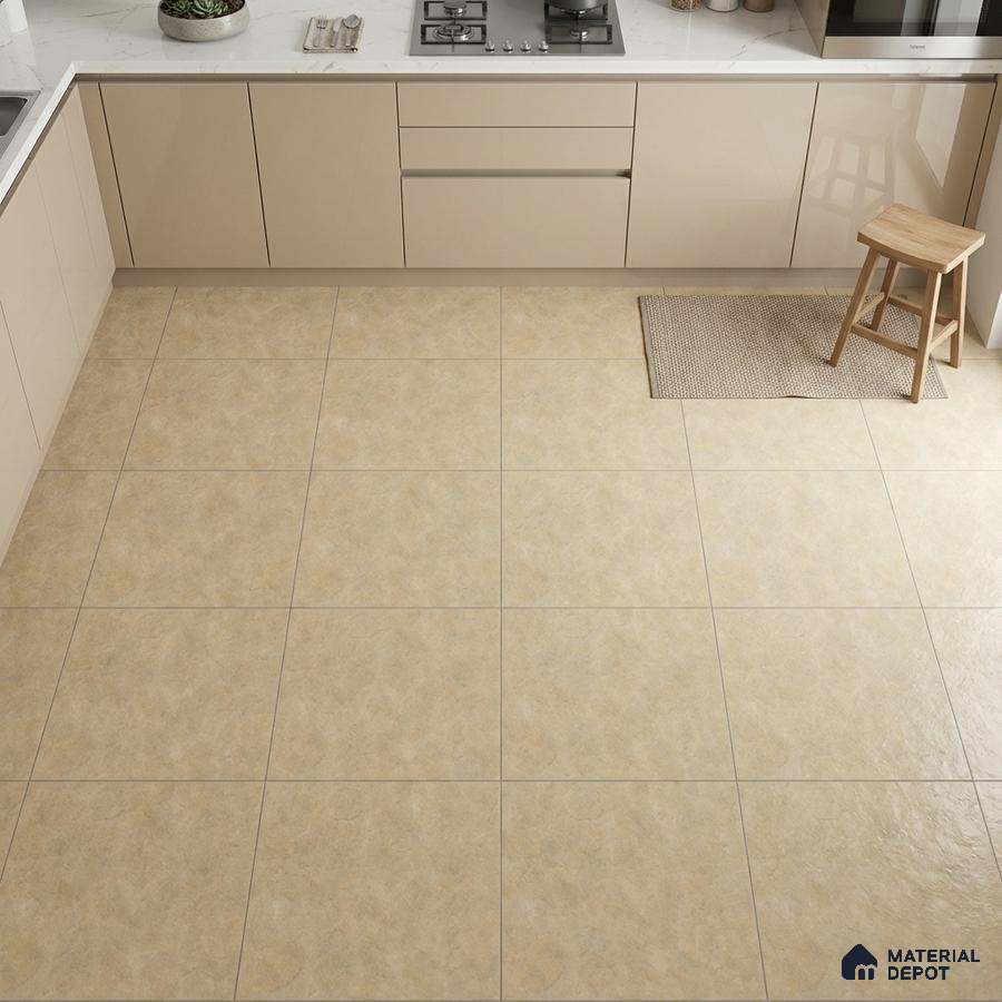 Modern kitchen with beige glossy laminate cabinets, white marble countertop, and cream stone-look floor tiles