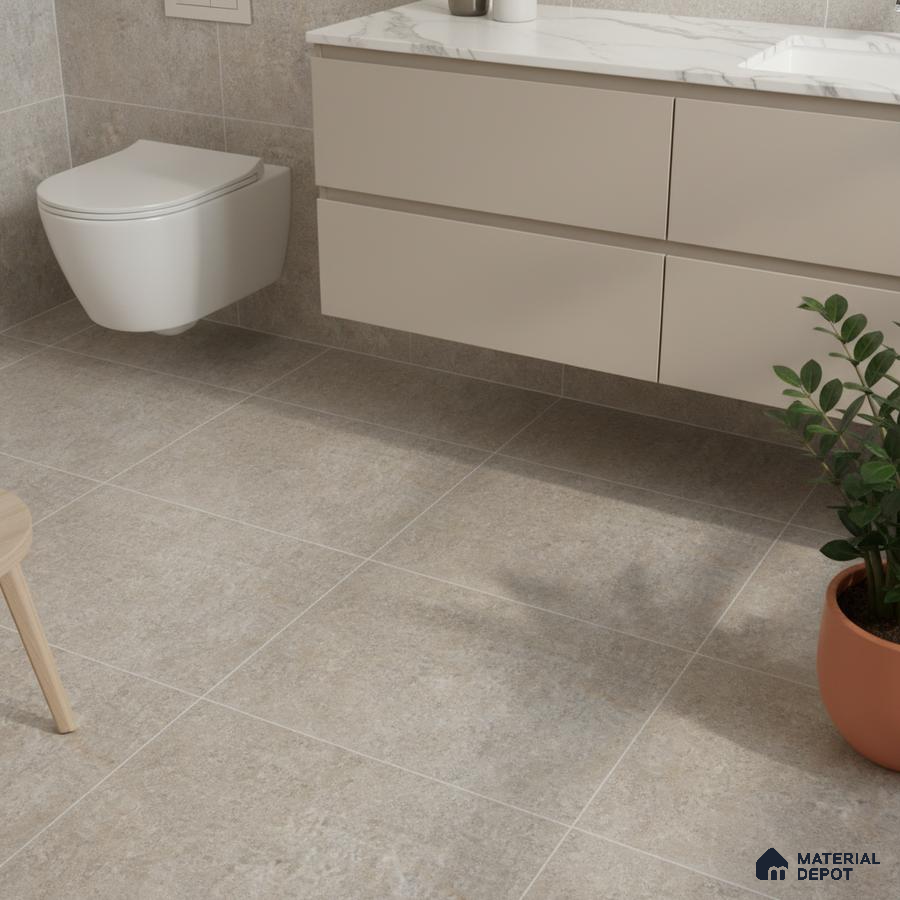 Minimalist bathroom with beige stone-look floor and wall tiles and floating vanity