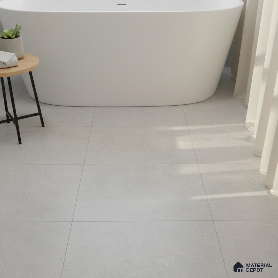 Minimalist bathroom with matte white bathtub and light grey stone-look floor tiles