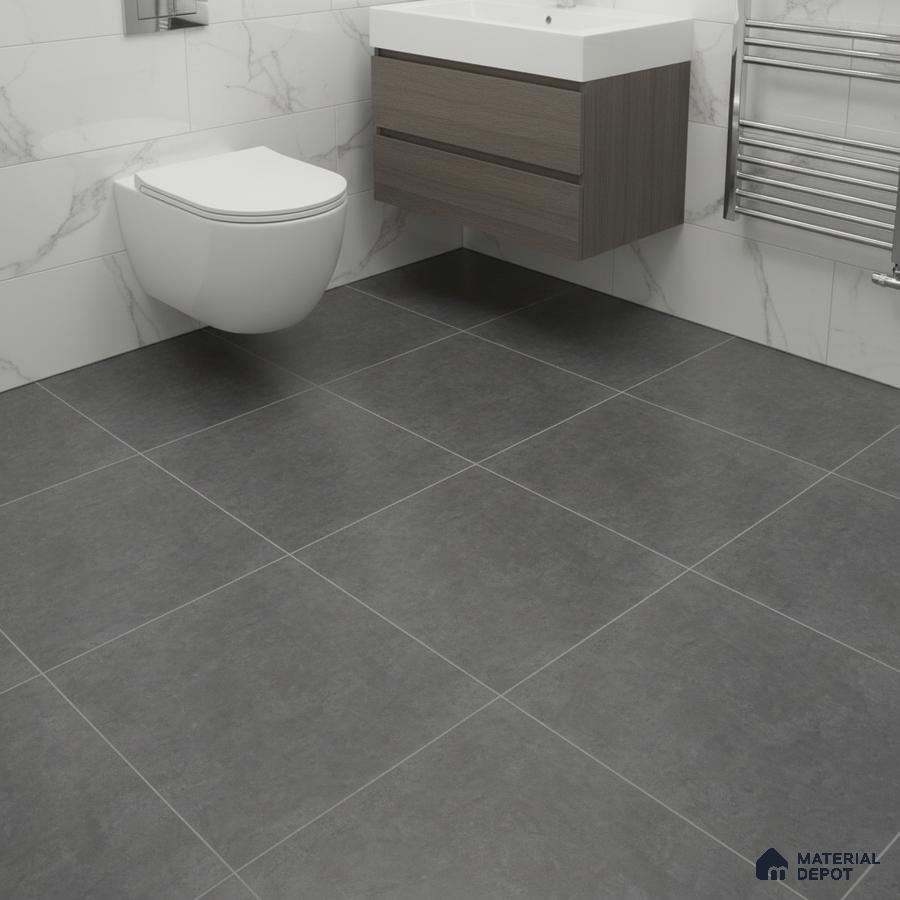 Modern bathroom with marble-look wall tiles, matte grey floor tiles, and wood laminate vanity