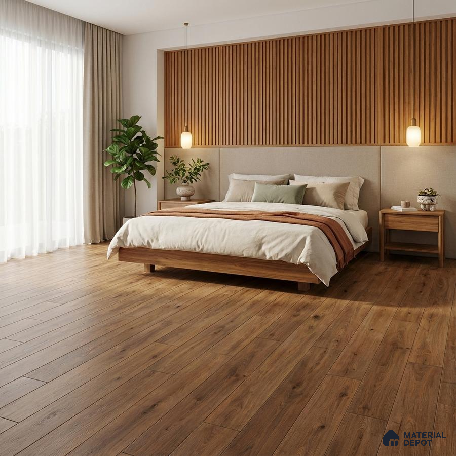 Scandinavian bedroom with oak wood flooring and vertical wood slat wall panel