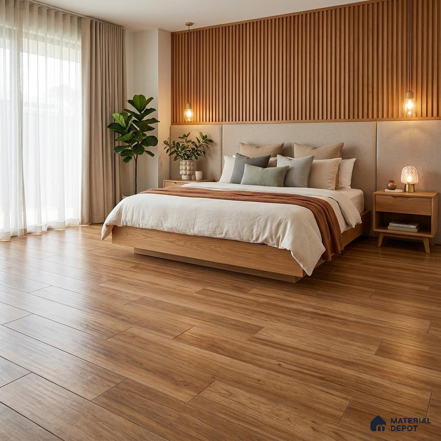 Scandinavian bedroom with oak wood flooring and vertical wood slat accent wall
