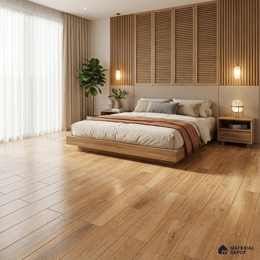 Scandinavian bedroom with oak wood flooring and vertical wood louver accent wall