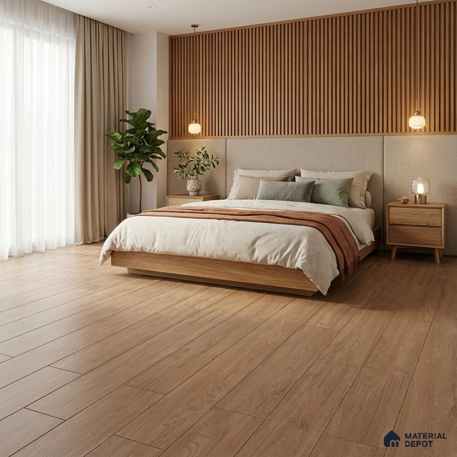 Scandinavian bedroom with oak wood flooring and vertical wood slat wall panel