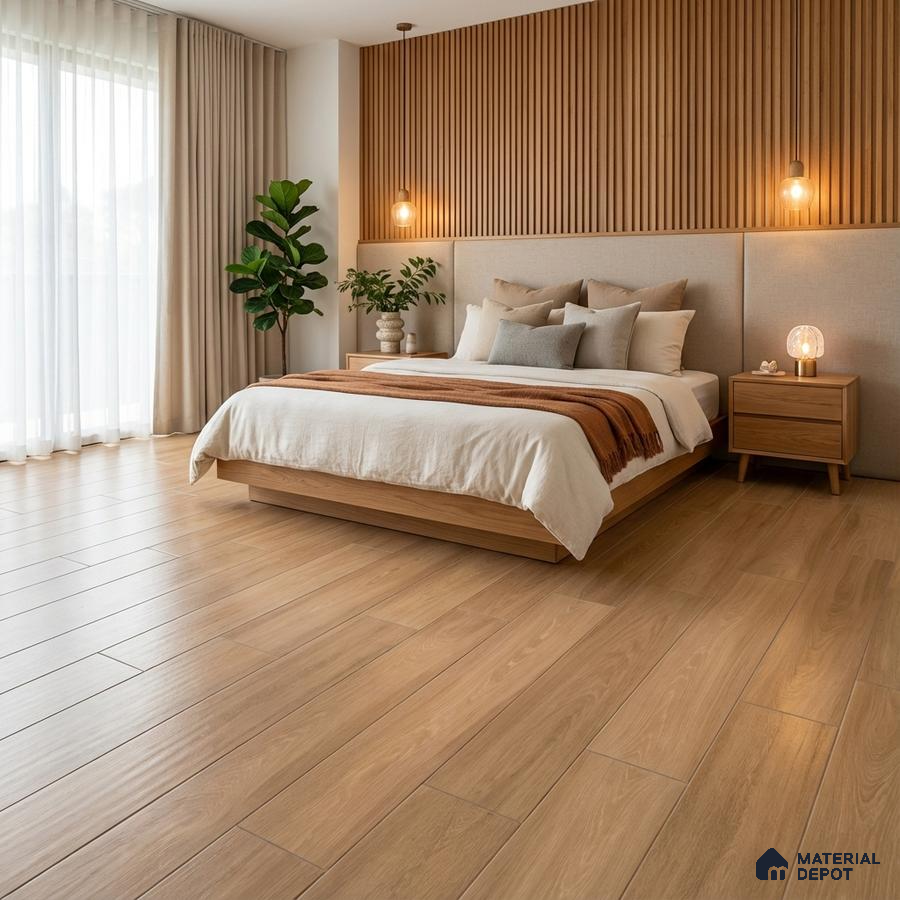 Scandinavian bedroom with oak wood flooring and vertical oak wood louver accent wall