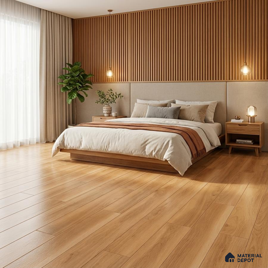 Scandinavian bedroom with oak wood flooring and vertical wood slat wall panels