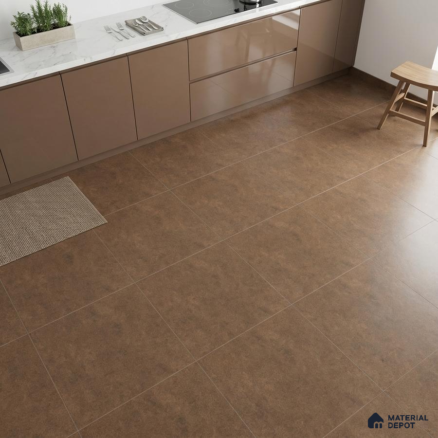 Modern kitchen with glossy taupe laminate cabinets, white marble-look countertop, and matte brown floor tiles